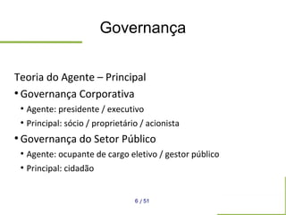 Governança
Teoria do Agente – Principal
●
Governança Corporativa
●
Agente: presidente / executivo
●
Principal: sócio / pro...
