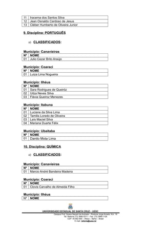 11 Iracema dos Santos Silva
12 Jean Osnaldo Cardoso de Jesus
13 Cléber Humberto de Oliveira Junior
9. Disciplina: PORTUGUÊS
a) CLASSIFICADOS:
Município: Canavieiras
Nº NOME
01 Julio Cezar Brito Araújo
Município: Coaraci
Nº NOME
01 Luiza Lima Nogueira
Município: Ilhéus
Nº NOME
01 Sara Rodrigues de Queiróz
02 Uilza Neves Silva
03 Flávia Queiroz Menezes
Município: Itabuna
Nº NOME
01 Luciane da Silva Lima
02 Tamilis Loredo de Oliveira
03 Laís Maciel Silva
04 Mariana Duarte Félix
Município: Ubaitaba
Nº NOME
01 Danilo Mota Lima
10. Disciplina: QUÍMICA
a) CLASSIFICADOS:
Município: Canavieiras
Nº NOME
01 Marcio André Bandeira Madeira
Município: Coaraci
Nº NOME
01 Clovis Carvalho de Almeida Filho
Município: Ilhéus
Nº NOME
UNIVERSIDADE ESTADUAL DE SANTA CRUZ – UESC
Campus Prof. Soane Nazaré de Andrade – Rodovia Jorge Amado, Km. 16
Tel: Reitoria (73) 3680-5311 – Fax: (73) 3689-1126
CEP: 45.662-900 – Ilhéus – Bahia – Brasil
E-mail: reitoria@uesc.br
 