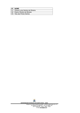 Nº NOME
01 Ohana Luiza Santos de Oliveira
02 Elaine Oliveira de Moraes
03 Tais das Flores Santos
UNIVERSIDADE ESTADUAL DE SANTA CRUZ – UESC
Campus Prof. Soane Nazaré de Andrade – Rodovia Jorge Amado, Km. 16
Tel: Reitoria (73) 3680-5311 – Fax: (73) 3689-1126
CEP: 45.662-900 – Ilhéus – Bahia – Brasil
E-mail: reitoria@uesc.br
 