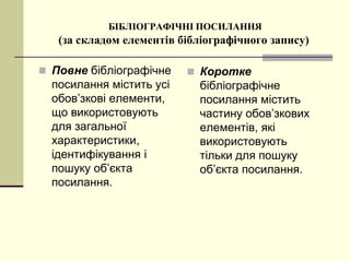 БІБЛІОГРАФІЧНІ ПОСИЛАННЯ
(за складом елементів бібліографічного запису)
 Повне бібліографічне
посилання містить усі
обов’зкові елементи,
що використовують
для загальної
характеристики,
ідентифікування і
пошуку об’єкта
посилання.
 Коротке
бібліографічне
посилання містить
частину обов’зкових
елементів, які
використовують
тільки для пошуку
об’єкта посилання.
 