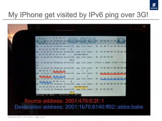 My IPhone get visited by IPv6 ping over 3G!




          Source address: 2001:470:0:2f::1
       Destination address: 2001:1b70:8140:ff02::abba:babe
50B Vision IPv6 | 2011-05-24 | Page 37 (3)
 