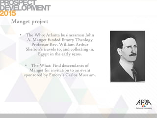 Manget project
• The Who: Atlanta businessman John
A. Manget funded Emory Theology
Professor Rev. William Arthur
Shelton’s travels to, and collecting in,
Egypt in the early 1920s.
• The What: Find descendants of
Manget for invitation to an event
sponsored by Emory’s Carlos Museum.
 