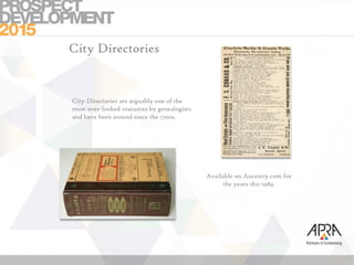 City Directories
City Directories are arguably one of the
most over-looked resources by genealogists
and have been around since the 1700s.
Available on Ancestry.com for
the years 1821-1989.
 