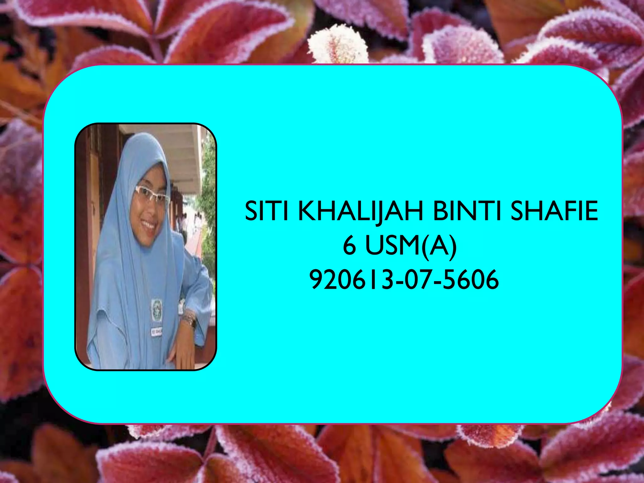 SITI KHALIJAH BINTI SHAFIE
        6 USM(A)
      920613-07-5606
 