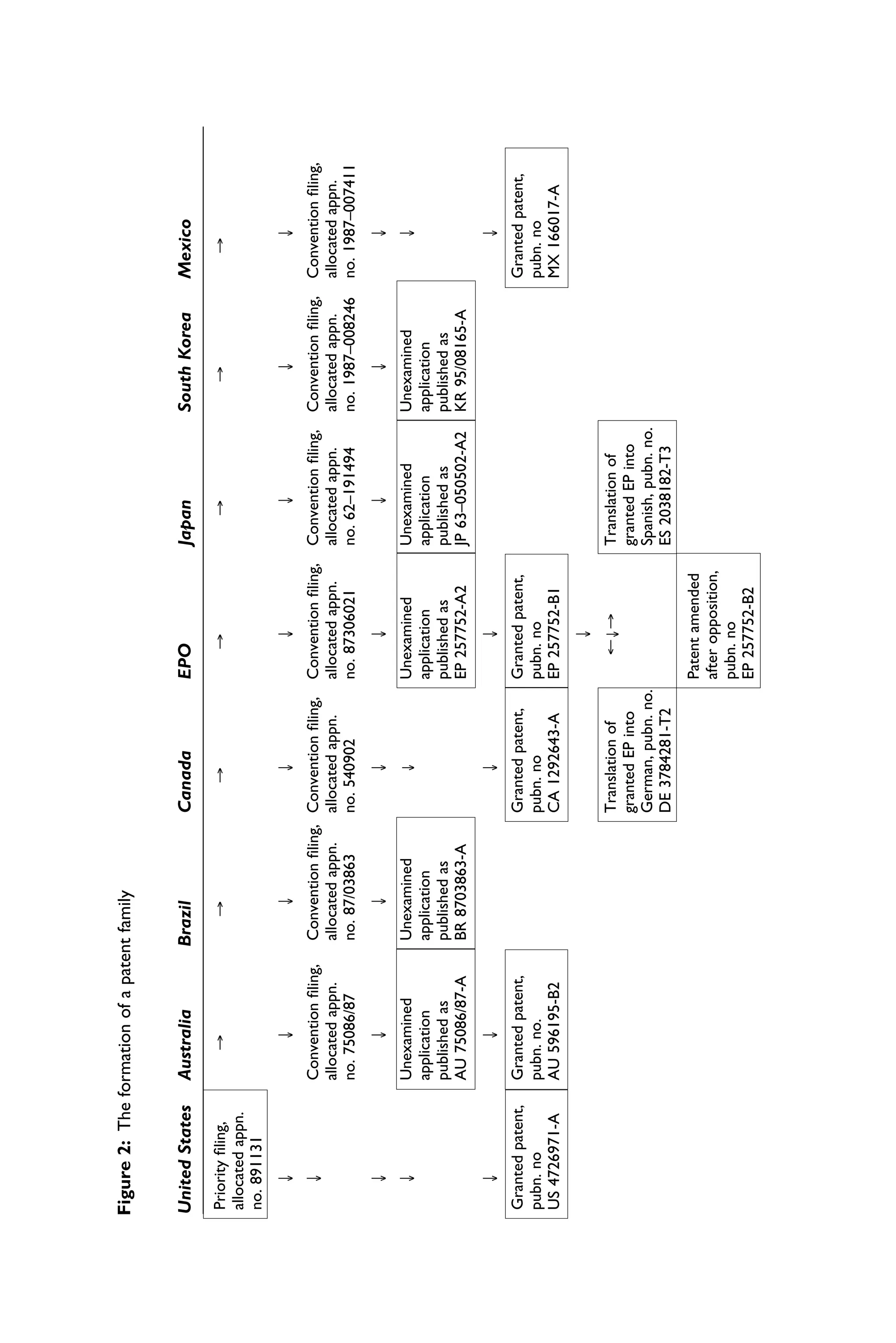 Figure
2:
The
formation
of
a
patent
family
United
States
Australia
Brazil
Canada
EPO
Japan
South
Korea
Mexico
Priority
ﬁling,
→
→
→
→
→
→
→
allocated
appn.
no.
891131
↓
↓
↓
↓
↓
↓
↓
↓
↓
Convention
ﬁling,
Convention
ﬁling,
Convention
ﬁling,
Convention
ﬁling,
Convention
ﬁling,
Convention
ﬁling,
Convention
ﬁling,
allocated
appn.
allocated
appn.
allocated
appn.
allocated
appn.
allocated
appn.
allocated
appn.
allocated
appn.
no.
75086/87
no.
87/03863
no.
540902
no.
87306021
no.
62–191494
no.
1987–008246
no.
1987–007411
↓
↓
↓
↓
↓
↓
↓
↓
↓
Unexamined
Unexamined
↓
Unexamined
Unexamined
Unexamined
↓
application
application
application
application
application
published
as
published
as
published
as
published
as
published
as
AU
75086/87-A
BR
8703863-A
EP
257752-A2
JP
63–050502-A2
KR
95/08165-A
↓
↓
↓
↓
↓
Granted
patent,
Granted
patent,
Granted
patent,
Granted
patent,
Granted
patent,
pubn.
no
pubn.
no.
pubn.
no
pubn.
no
pubn.
no
US
4726971-A
AU
596195-B2
CA
1292643-A
EP
257752-B1
MX
166017-A
↓
Translation
of
←↓→
Translation
of
granted
EP
into
granted
EP
into
German,
pubn.
no.
Spanish,
pubn.
no.
DE
3784281-T2
ES
2038182-T3
Patent
amended
after
opposition,
pubn.
no
EP
257752-B2
 