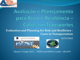 Evaluation and Planning for Risk and Resilience - 
Cases in Transportation 
12/11/2012 
Silvana V Croope, Ph.D. – TSHUG and DEHUG Leader - DELDOT 
 