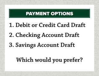 PAYMENT OPTIONS
1. Debit or Credit Card Draft
2. Checking Account Draft
3. Savings Account Draft
Which would you prefer?
 