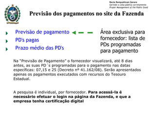 Previsão dos pagamentos no site da Fazenda Área exclusiva para fornecedor: lista de PDs programadas para pagamento 