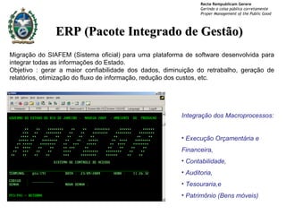 ERP (Pacote Integrado de Gestão) Migração do SIAFEM (Sistema oficial) para uma plataforma de software desenvolvida para integrar todas as informações do Estado.  Objetivo : gerar a maior confiabilidade dos dados, diminuição do retrabalho, geração de relatórios, otimização do fluxo de informação, redução dos custos, etc.  Integração dos Macroprocessos: Execução Orçamentária e Financeira,  Contabilidade,  Auditoria,  Tesouraria,e  Patrimônio (Bens móveis) 