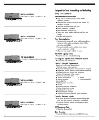 THE SULLAIR 1300H
1300 CFM AT 150 PSIG–36.8 M3/MIN AT 10 BAR
THE SULLAIR 1300HH
1300 CFM AT 200 PSIG–36.8 M3/MIN AT 14 BAR
THE SULLAIR 1600
1600 CFM AT 100 PSIG–45.3 M3/MIN AT 7 BAR
THE SULLAIR 1600H
1600 CFM AT 150 PSIG–45.3 M3/MIN AT 10 BAR
THE SULLAIR 1450HH
1450 CFM AT 175 PSIG–41.1 M3/MIN AT 14 BAR
12
Designed for Total Accessibility and Reliability
Rotary Screw Compressor
Ample Padlockable Service Doors
• Large front and side doors provide access to air filters,
engine and compressor.
• Rear service door provides access to fuel tank, batteries and
compressor fluid cooler.
• Serviceable components within easy reach.
• Routine maintenance is simplified.
• Reduced downtime and service cost.
• Service doors feature stainless steel hinges and T-type door
retainers.
• Complete fluid containment.
Three Mounting Options
• Highway towable tandem axle version includes electric brakes,
mechanical parking brake, restraining tow chains, E-Z lube
axle system and tail lights.
• Four-wheel steerable mounting and less running gear on
mounting rails are also available.
• All have tie down locations built into the frame.
O to 100% Capacity Control
• Automatic inlet valve and unloaded starting.
Two-Stage Dry Type Air Filters with Safety Element
• Positioned to draw cool outside air.
COMPASS®
Electronic Engine Control
Gauges and a LCD Graphic Display indicate:
• Discharge pressure and temperature.
• Aftercooler air temperature and louver activation (if equipped).
• Engine speed, hours of operation, coolant level and temperature.
• Fuel level, usage rate, pressure, and temperature.
• Engine air temperature, and oil pressure.
• Compressor and engine status.
• Ambient air temperature. • Voltage.
• Separator restriction. • Percent engine load.
Indicator lights for:
• High compressor temperature.
• Low fuel.
• Compressor shutdown and warning.
• Engine shutdown and warning.
Engine diagnostic service port:
• Displays diagnostic messages.
• Shutdown history for all monitored system parameters.
Protective Shutdown Switches
• Low engine oil pressure, high engine water temperature, low
water level, high compressor temperature or low fuel level.
• A protective circuit also prevents starter engagement when
machine is operating.
AWF Compressor Fluid
• All-weather, all-climate fluid.
Quiet Operation
• Meets US EPA Sound requirements of 76dBA @ 7 meters.
 