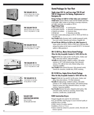 THE SULLAIR DR-13
428-785 CFM AT 100-150 PSIG–
12.2-21.9 M3/MIN AT 8.5 BAR
THE SULLAIR DE-18
1550 CFM AT 75-150 PSIG–
44 M3/MIN AT 7-10 BAR
SULLAIR SSDR
CONSTRUCTION DRYERS
500-1710 SCFM
-40 PRESSURE DEW POINT
THE SULLAIR TSR-32
784-1600 CFM AT 100-175 PSIG–
22-44.8 M3/MIN AT 7-12 BAR
THE SULLAIR TSR-20
380-970 CFM AT 100-175 PSIG–
10.8-27.5 M3/MIN AT 7-12 BAR
THE SULLAIR LSR-16
149-351 CFM AT 100-175 PSIG–
4.1-9.8 M3/MIN AT 7-12 BAR
22
DE-18 Oil-Free, Engine Driven Rental Package
When the Only Acceptable Standard Is 100% Oil-Free Air.
Rugged–Oil field skid, Four point lift, Fork lift pockets, Stainless steel
piping, Heavy duty enclosure, 115% fluid containment.
Versatile–Air-cooled package, Suitable for outdoors, Cold weather
protection to -20°F, Auxiliary heater locations, Self contained package,
Integral air receiver tank, Noise attenuated enclosure, Low engine
emissions, Sequencing capabilities
User Friendly–Electronic fuel system, Integrated control systems, Fully
automated controls, External user connections, Remote fueling
connections, Lockable doors, Lockable fuel fill.
Rental Packages for Your Fleet
DR-13 Oil-Free, Motor Driven Rental Package
When the Only Acceptable Standard Is 100% Oil-Free Air.
Rugged–Oil field skid, Single point lift, Fork lift pockets, Stainless steel
piping, Heavy duty enclosure, Spill proof baseplate.
Versatile–Air-cooled package, Suitable for outdoors, Cold weather
protection to -20°F, Self contained package, Noise attenuated
enclosure, TEFC, Mill and chem motor, Reduced voltage starter,
Sequencing capabilities
User Friendly–Built-in electrical disconnect, Fully automated controls,
External user connections, Lockable doors, RS485 monitoring.
Single-stage LSR-16, and two-stage TSR-20 and
TSR-32 Compressors for Backup, Replacement or
Emergency Air
Energy Savings are built in to help reduce your customers'
rental costs: Premium efficiency motors and VSD–Variable Speed Drive
on all models; Sullair’s tandem air end design on two-stage compressors,
and Sullair’s spiral valve (not available on LSR-16)
Rugged Package Design
• Self-contained package • Fork lift pockets
• Cold weather protection • Heavy-duty sound-attenuated enclosure
• Suited for use outdoors • Easy-access doors
• Oil field skid • Heavy-duty air inlet filter
• Air-cooled or water-cooled packages on LSR-16; TSR-20 and TSR-32 are
air-cooled only
User Friendly–Built-in disconnect switch, Lockable tamperproof controls,
Easy access controls, Heavy-duty quiet enclosure, Draggable skid.
LSR and TSR plus SSDR Dryer for Oil-Free Air. Sullair Guarantees It.
System consists of an LSR-16, TSR-20 or TSR-32 and a SSDR dryer/filter
package that produces air that meets or exceeds ISO 8573.1 for instrument
quality air. Sullair guarantees it.
SSDR Construction Dryers
• Rugged draggable skid suited for the rental industry
• Pre- and after-filters with DP gauges to assure instrument quality air
• Ball float drain on pre-filter
• NEMA 4 electrics for outdoor operation
• Available as 24v dc or 115v ac
• Options include low ambient kit, pneumatic controls, aftercooler with
moisture separator.
 