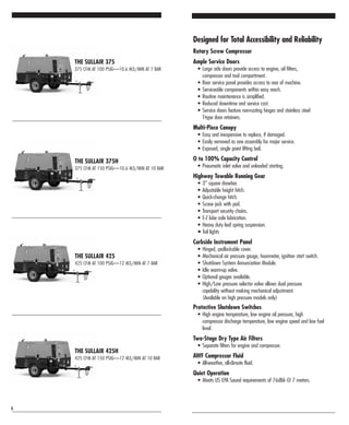 THE SULLAIR 375H
375 CFM AT 150 PSIG—10.6 M3/MIN AT 10 BAR
THE SULLAIR 425
425 CFM AT 100 PSIG—12 M3/MIN AT 7 BAR
THE SULLAIR 425H
425 CFM AT 150 PSIG—12 M3/MIN AT 10 BAR
THE SULLAIR 375
375 CFM AT 100 PSIG—10.6 M3/MIN AT 7 BAR
6
Designed for Total Accessibility and Reliability
Rotary Screw Compressor
Ample Service Doors
• Large side doors provide access to engine, oil filters,
compressor and tool compartment.
• Rear service panel provides access to rear of machine.
• Serviceable components within easy reach.
• Routine maintenance is simplified.
• Reduced downtime and service cost.
• Service doors feature non-rusting hinges and stainless steel
T-type door retainers.
Multi-Piece Canopy
• Easy and inexpensive to replace, if damaged.
• Easily removed as one assembly for major service.
• Exposed, single point lifting bail.
O to 100% Capacity Control
• Pneumatic inlet valve and unloaded starting.
Highway Towable Running Gear
• 3" square drawbar.
• Adjustable height hitch.
• Quick-change hitch.
• Screw jack with pad.
• Transport security chains.
• E-Z lube axle lubrication.
• Heavy duty leaf spring suspension.
• Tail lights
Curbside Instrument Panel
• Hinged, padlockable cover.
• Mechanical air pressure gauge, hourmeter, ignition start switch.
• Shutdown System Annunciation Module.
• Idle warm-up valve.
• Optional gauges available.
• High/Low pressure selector valve allows dual pressure
capability without making mechanical adjustment.
(Available on high pressure models only)
Protective Shutdown Switches
• High engine temperature, low engine oil pressure, high
compressor discharge temperature, low engine speed and low fuel
level.
Two-Stage Dry Type Air Filters
• Separate filters for engine and compressor.
AWF Compressor Fluid
• All-weather, all-climate fluid.
Quiet Operation
• Meets US EPA Sound requirements of 76dBA @ 7 meters.
 