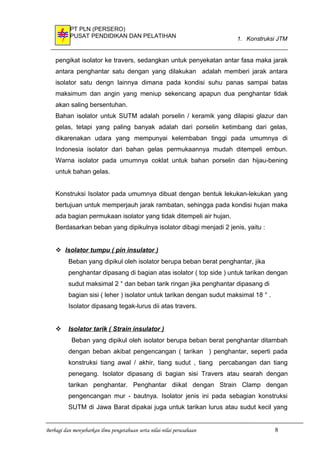 PT PLN (PERSERO)
PUSAT PENDIDIKAN DAN PELATIHAN 1. Konstruksi JTM
pengikat isolator ke travers, sedangkan untuk penyekatan antar fasa maka jarak
antara penghantar satu dengan yang dilakukan adalah memberi jarak antara
isolator satu dengn lainnya dimana pada kondisi suhu panas sampai batas
maksimum dan angin yang meniup sekencang apapun dua penghantar tidak
akan saling bersentuhan.
Bahan isolator untuk SUTM adalah porselin / keramik yang dilapisi glazur dan
gelas, tetapi yang paling banyak adalah dari porselin ketimbang dari gelas,
dikarenakan udara yang mempunyai kelembaban tinggi pada umumnya di
Indonesia isolator dari bahan gelas permukaannya mudah ditempeli embun.
Warna isolator pada umumnya coklat untuk bahan porselin dan hijau-bening
untuk bahan gelas.
Konstruksi Isolator pada umumnya dibuat dengan bentuk lekukan-lekukan yang
bertujuan untuk memperjauh jarak rambatan, sehingga pada kondisi hujan maka
ada bagian permukaan isolator yang tidak ditempeli air hujan.
Berdasarkan beban yang dipikulnya isolator dibagi menjadi 2 jenis, yaitu :
 Isolator tumpu ( pin insulator )
Beban yang dipikul oleh isolator berupa beban berat penghantar, jika
penghantar dipasang di bagian atas isolator ( top side ) untuk tarikan dengan
sudut maksimal 2 ° dan beban tarik ringan jika penghantar dipasang di
bagian sisi ( leher ) isolator untuk tarikan dengan sudut maksimal 18 ° .
Isolator dipasang tegak-lurus dii atas travers.
 Isolator tarik ( Strain insulator )
Beban yang dipikul oleh isolator berupa beban berat penghantar ditambah
dengan beban akibat pengencangan ( tarikan ) penghantar, seperti pada
konstruksi tiang awal / akhir, tiang sudut , tiang percabangan dan tiang
penegang. Isolator dipasang di bagian sisi Travers atau searah dengan
tarikan penghantar. Penghantar diikat dengan Strain Clamp dengan
pengencangan mur - bautnya. Isolator jenis ini pada sebagian konstruksi
SUTM di Jawa Barat dipakai juga untuk tarikan lurus atau sudut kecil yang
Berbagi dan menyebarkan ilmu pengetahuan serta nilai-nilai perusahaan 8
 