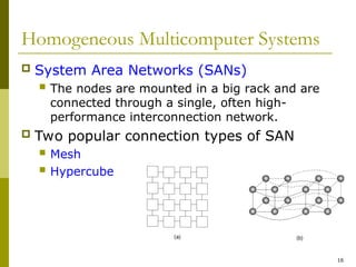 16
Homogeneous Multicomputer Systems
 System Area Networks (SANs)
 The nodes are mounted in a big rack and are
connected through a single, often high-
performance interconnection network.
 Two popular connection types of SAN
 Mesh
 Hypercube
 