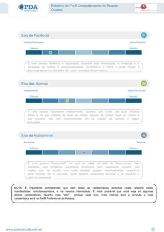 Relatório de Perfil Comportamental de Ricardo
Guedes
É uma pessoa dinâmica e impaciente, motivada pela diversidade, a mudança e a
variedade de tarefas e responsabilidades. Incomoda-a a rotina e pode chegar a
aborrecer-se, se seu dia-a-dia não incluir variedade de atividades.
Eixo da Paciência
Inquieto/Impaciente Calmo/Paciente
É uma pessoa claramente independente, positiva, que confia nas suas próprias
ideias e na sua maneira de fazer as coisas. Apesar de preferir fazer as coisas à
sua maneira, não tem inconvenientes em se sujeitar às normas e seguir
instruções.
Eixo das Normas
Independente Sujeito às normas
É uma pessoa "situacional", no que se refere ao eixo do Autocontrole. Não
manifesta uma tendência claramente emocional nem claramente racional. Isto
implica que, de acordo com cada situação poderá, eventualmente, mostrar-se
tanto racional, frio e calculista, como também certamente sensível e se envolver a
partir do emocional.
Eixo do Autocontrole
Emocional Racional
NOTA: É importante compreender que nem todas as caraterísticas descritas neste relatório serão
manifestadas, simultaneamente, e na mesma intensidade. É mais provável que você veja só algumas
destas caraterísticas. Quanto mais "alto" pontuar cada eixo, mais intensa será a conduta e mais
caraterística será no Perfil Profissional da Pessoa.
4www.pdainternational.net
 