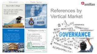 References by
Vertical Market
Education
Bournville College
New build with 6,000 CAT6a
Stringent H&S criteria
Hostile environment
Walsall College
Over 7,000 CAT6 ends
Full Wi-Fi data network
Complete voice solution
Complete AV solution
Public Sector
Warwickshire County
14 year relationship
5,500 telephony users
Telephony and cabling
across Warwickshire
Leicestershire & Northants
Police Forces
4 year relationship
4,000 User Skype for
Business Deployment
Including Blue Light
 