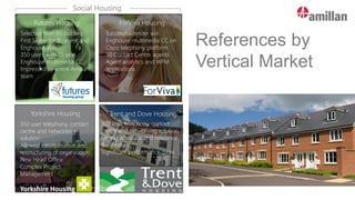 References by
Vertical Market
Futures Housing
Selected from 65 bidders
First Skype for Business and
Enghouse Win
350 users with 35 seat
Enghouse multimedia CC
Impressed by entire Amillan
team
ForViva Housing
Successful tender win
Enghouse multimedia CC on
Cisco telephony platform
30 Contact Centre agents
Agent analytics and WFM
applications
Social Housing
Yorkshire Housing
350 user telephony, contact
centre and networking
solution
Allowed rationalisation and
restructuring of organisation
New Head Office
Complex Project
Management
Yorkshire Housing
Trent and Dove Housing
300 user telephony, contact
centre and networking solution
Strong advocate and reference
for Amillan
Significant performance gains
 
