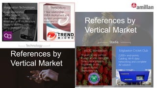 References by
Vertical Market
Technology
Aston Martin
Networking infrastructure
Wi-Fi environment
Room meeting solutions
Imagination Technologies
4 year relationship
Global Support
New data centres fit-out
Wired and wi-fi infrastructure
Skype for Business now
being deployed globally
Trend Micro
7 Year relationship
EMEA deployment and
support program on
voice and UC
AELTC Wimbledon
19 years as key partner
8 years as sole contractor
Time-critical projects
Engineers on site
Support during
championships
Edgbaston Cricket Club
2,000+ end-points
Cabling, Wi-Fi data
networking and complete
AV solution
Stadia
References by
Vertical Market
 
