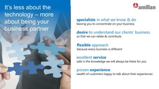 specialists in what we know & do
leaving you to concentrate on your business
desire to understand our clients’ business
so that we can relate & contribute
excellent service
safe in the knowledge we will always be there for you
proven experience
wealth of customers happy to talk about their experiences
flexible approach
because every business is different
It’s less about the
technology – more
about being your
business partner
 