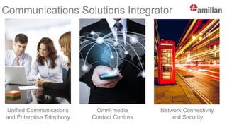 Communications Solutions Integrator
Unified Communications
and Enterprise Telephony
Omni-media
Contact Centres
Network Connectivity
and Security
 