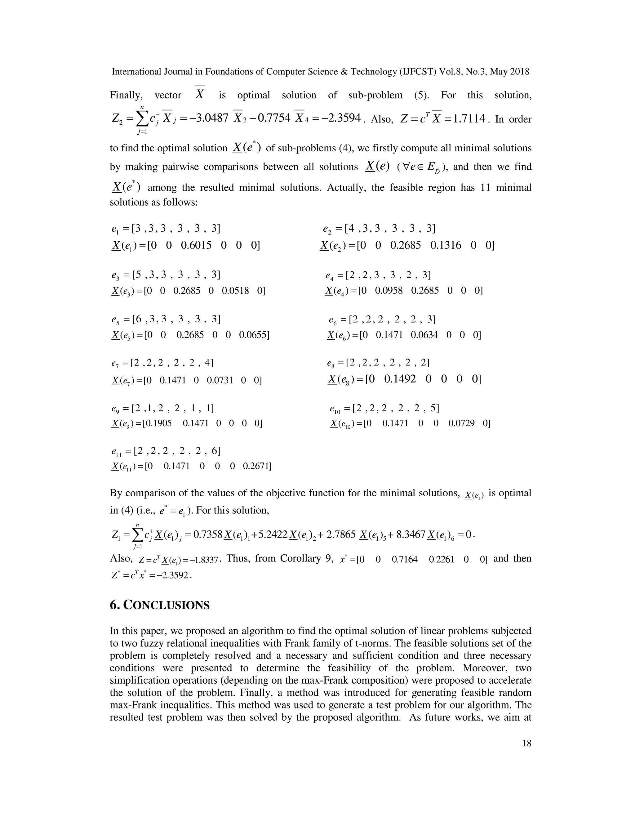 International Journal in Foundations of Computer Science & Technology (IJFCST) Vol.8, No.3, May 2018
18
Finally, vector X is optimal solution of sub-problem (5). For this solution,
3 4
2
1
3.0487 0.7754 2.3594
n
j
j
j
Z c X X X
−
=
= = − − = −
∑ . Also, 1.7114
T
Z c X
= = . In order
to find the optimal solution
*
( )
X e of sub-problems (4), we firstly compute all minimal solutions
by making pairwise comparisons between all solutions ( )
X e ( D
e E
∀ ∈ % ), and then we find
*
( )
X e among the resulted minimal solutions. Actually, the feasible region has 11 minimal
solutions as follows:
1 [3 ,3, 3 , 3 , 3 , 3]
e = 2 [4 ,3, 3 , 3 , 3 , 3]
e =
1
( ) [0 0 0.6015 0 0 0]
X e = 2
( ) [0 0 0.2685 0.1316 0 0]
X e =
3 [5 ,3, 3 , 3 , 3 , 3]
e = 4 [2 , 2, 3 , 3 , 2 , 3]
e =
3
( ) [0 0 0.2685 0 0.0518 0]
X e = 4
( ) [0 0.0958 0.2685 0 0 0]
X e =
5 [6 ,3, 3 , 3 , 3 , 3]
e = 6 [2 , 2, 2 , 2 , 2 , 3]
e =
5
( ) [0 0 0.2685 0 0 0.0655]
X e = 6
( ) [0 0.1471 0.0634 0 0 0]
X e =
7 [2 , 2, 2 , 2 , 2 , 4]
e = 8 [2 , 2, 2 , 2 , 2 , 2]
e =
7
( ) [0 0.1471 0 0.0731 0 0]
X e = 8
( ) [0 0.1492 0 0 0 0]
X e =
9 [2 ,1, 2 , 2 , 1 , 1]
e = 10 [2 , 2, 2 , 2 , 2 , 5]
e =
9
( ) [0.1905 0.1471 0 0 0 0]
X e = 10
( ) [0 0.1471 0 0 0.0729 0]
X e =
11 [2 , 2 , 2 , 2 , 2 , 6]
e =
11
( ) [0 0.1471 0 0 0 0.2671]
X e =
By comparison of the values of the objective function for the minimal solutions, 1
( )
X e is optimal
in (4) (i.e., *
1
e e
= ). For this solution,
1 1 1 1 1 2 1 5 1 6
1
( ) 0.7358 ( ) +5.2422 ( ) + 2.7865 ( ) + 8.3467 ( ) 0
n
j j
j
Z c X e X e X e X e X e
+
=
= = =
∑ .
Also, 1
( ) 1.8337
T
Z c X e
= = − . Thus, from Corollary 9, *
[0 0 0.7164 0.2261 0 0]
x = and then
* *
2.3592
T
Z c x
= = − .
6. CONCLUSIONS
In this paper, we proposed an algorithm to find the optimal solution of linear problems subjected
to two fuzzy relational inequalities with Frank family of t-norms. The feasible solutions set of the
problem is completely resolved and a necessary and sufficient condition and three necessary
conditions were presented to determine the feasibility of the problem. Moreover, two
simplification operations (depending on the max-Frank composition) were proposed to accelerate
the solution of the problem. Finally, a method was introduced for generating feasible random
max-Frank inequalities. This method was used to generate a test problem for our algorithm. The
resulted test problem was then solved by the proposed algorithm. As future works, we aim at
 