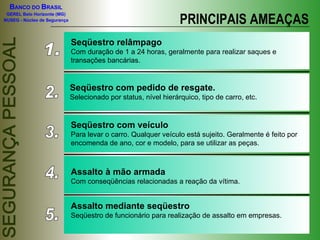 PRINCIPAIS AMEAÇAS 1. Seqüestro relâmpago Com duração de 1 a 24 horas, geralmente para realizar saques e transações bancárias. 2. Seqüestro com pedido de resgate.  Selecionado por status, nível hierárquico, tipo de carro, etc. 3. Seqüestro com veículo Para levar o carro. Qualquer veículo está sujeito. Geralmente é feito por encomenda de ano, cor e modelo, para se utilizar as peças. 4. 5. Assalto à mão armada Com conseqüências relacionadas a reação da vítima. Assalto mediante seqüestro Seqüestro de funcionário para realização de assalto em empresas. 