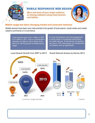 9
Mobile devices have been very instrumental to the growth of local search, social media and mobile
based e-commerce or m-commerce
Mobile usage has been changing market and consumer behavior
 