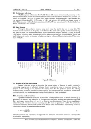 Int J Elec & Comp Eng ISSN: 2088-8708 
Fake accounts detection on social media using stack ensemble system (Amna Kadhim Ali)
3015
2.1. Twitter data collection
The Management Information Base "MIB" dataset [15] is used in this research, consisting of five
datasets obtained from Twitter, two of them represent real accounts and three of them are fake accounts. The
sum of all accounts is 5,301 with 29 features. They can be explained: i) the fake project (TFP) consists of 469
real accounts, ii) elections 2013 (E13) consist of 1,481 real accounts, iii) fastfollowerz dataset consist of
1,169 fake accounts, iv) InterTwitter dataset consist of 1,337 fake accounts, and v) Twitter technology
dataset consist of 845 fake accounts.
2.2. Data cleaning
During the data collection process, some errors occur that lead to the loss of some data. This
problem leads to a decrease in the quality of the data and thus leads to low-quality results when analyzing
and exploring them. Our grouped data contains several blank fields, as shown in Figure 2, where the yellow
color denotes the empty fields. Keeping these empty fields negatively affects the classification process and
leads to inaccurate results, so this stage includes removing the columns of features that contain 30% or more
blank fields [16].
Figure 2. All features
2.3. Feature extraction and selection
Feature extraction is used to determine the optimal subset of features for model creation by
eliminating inappropriate or redundant features, thereby concentrating only on necessary features. The
purpose of this strategy is to minimize the training time for the prediction model by reducing
over-processing, to improve the model's generalizability, and to help researchers interpret the model. In the
proposed research, two methods are used to select the best features. These methods are:
2.3.1. Spearman rank correlation
Spearman correlation coefficient is one of the filtering methods used for feature selection [17],
which tests the intensity and orientation of the monotonic association between two quantitative variables.
They have values ranging from (-1) to (+1) to show the correlation degree. When the two variables are
independent, each correlation measure is entirely zero. The result of spearman is a table that contains the
correlation coefficients that link each variable in the dataset to the other variables. The following formula is
employed to calculate the spearman rank correlation:
𝑆 = 1 − (
6 ∑ d𝒾s2
m(m2−1)
) (1)
where S=spearman rank correlation, dis=represents the distinction between the respective variable ranks,
m=number of observations.
 