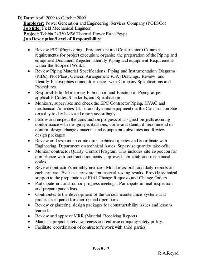 project mechanical engineer job description