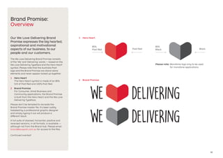 10
Brand Promise:
Overview
Our We Love Delivering Brand
Promise expresses the big hearted,
aspirational and motivational
aspects of our business, to our
people and our customers.
The We Love Delivering Brand Promise consists
of the ‘We’ and ‘Delivering’ words — based on the
We Love Delivering Typeface and the Hero Heart
symbol. Please note that the Australia Post
logo and the Brand Promise are stand-alone
elements and never appear locked up together.
1	 Hero Heart
The Hero Heart symbol is made of an 85%
tint of Post Red and 100% Post Red.
2	 Brand Promise
For Consumer, Small Business and
Community applications, the Brand Promise
is built from the Hero Heart and the We Love
Delivering Typeface.
Please don't be tempted to recreate the
Brand Promise master file. It's been subtly
tweaked by a professional graphic designer
and simply typing it out will produce a
different result.
A full suite of stacked, horizontal, positive and
reversed versions, in all formats, is available —
although not from the Brand Hub. Please email
brand@auspost.com.au for access to the files.
Continued overleaf.
85%
Post Red
85%
BlackPost Red Black
1	 Hero Heart
Please note: Monotone logo only to be used
for monotone applications
2	 Brand Promise
 