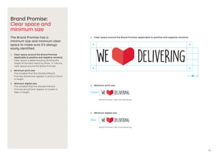 11
Brand Promise:
Clear space and
minimum size
The Brand Promise has a
minimum size and minimum clear
space to make sure it’s always
easily identified.
1	 Clear space around the Brand Promise
(applicable to positive and negative versions)
Clear space is determined by dividing the
height of the Hero Heart by three. ‘X’ informs
clear space around the Brand Promise.
2	 Minimum print size
The smallest that the standard Brand
Promise should ever appear in print is 7.5mm
in height.
3	 Minimum digital size
The smallest that the standard Brand
Promise should ever appear on screen is
30px in height.
2	 Minimum print size
3	 Minimum digital size
x = ÷ 3
x
7.5mm
30px
x
x x
1	 Clear space around the Brand Promise (applicable to positive and negative versions)
Brand Promise in We Love Delivering
Brand Promise in We Love Delivering
 