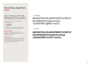 16
Secondary typeface:
Arial
Arial is a common, web-friendly
typeface and allows us to continue
the simplicity of our brand online.
Arial is used as a secondary typeface for
our digital assets.
1	 Arial Regular
2	 Arial Bold
Arial Bold should only be used to emphasise
and distinguish words within body copy.
Digital exception:
AP Letter should always be the primary
typeface in all digital communications, unless
technically impossible.
Retail exception:
Helvetica Neue is used for all product names,
FABs, prices, COPs and product codes across
retail assets. Refer to the Retail Catalogue
Guidelines for more information.
ABCDEFGHIJKLMNOPQRSTUVWXYZ
abcdefghijklmnopqrstuvwxyz
1234567890 !@#$%^and*()
ABCDEFGHIJKLMNOPQRSTUVWXYZ
abcdefghijklmnopqrstuvwxyz
1234567890 !@#$%^and*()
1	 Arial Regular
2	 Arial Bold
 