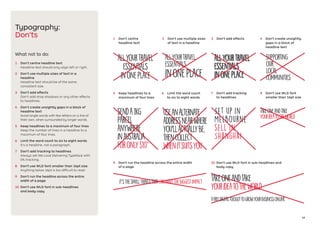 19
Supporting
our
local
communities
Allyourtravel
essentials
inoneplace
Allyourtravel
essentials
inoneplace
Typography:
Don’ts
What not to do:
1	 Don’t centre headline text
Headline text should only align left or right.
2	 Don’t use multiple sizes of text in a
headline
Headline text should be of the same
consistent size.
3	 Don’t add effects
Don't add drop shadows or any other effects
to headlines.
4	 Don’t create unsightly gaps in a block of
headline text
Avoid single words with few letters on a line of
their own, when surrounded by longer words.
5	 Keep headlines to a maximum of four lines
Keep the number of lines in a headline to a
maximum of four lines.
6	 Limit the word count to six to eight words
It's a headline, not a paragraph.
7	 Don't add tracking to headlines
Always set We Love Delivering Typeface with
0% tracking.
8	 Don't use WLD font smaller than 16pt size
Anything below 16pt is too difficult to read
9	 Don't run the headline across the entire
width of a page
10	 Don't use WLD font in sub-headlines
and body copy
1	 Don’t centre
headline text
3	 Don’t add effects
5	 Keep headlines to a
maximum of four lines
6	 Limit the word count
to six to eight words
8	 Don't use WLD font
smaller than 16pt size
7	 Don't add tracking
to headlines
4	 Don't create unsightly
gaps in a block of
headline text
2	 Don’t use multiple sizes
of text in a headline
Allyourtravel
essentials
inoneplace
Senda1kg
parcel
anywhere
inAustralia
foronly$10*
Takeoneandtake
yourideatotheworld
Useanalternate
addressnearwhere
you'llactuallybe,
thencollect
whenitsuitsyou
Set up in
Melbourne
sell in
Shanghai
It’sthesmallthingsthatcanmakethebiggestimpact Takeoneandtake
yourideatotheworld
Afreedigitaltoolkittogrowyourbusinessonline.
9	 Don't run the headline across the entire width
of a page
10	 Don't use WLD font in sub-headlines and
body copy
 