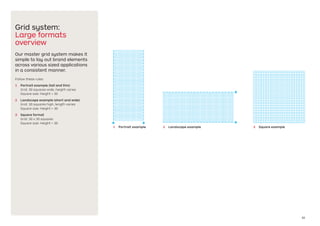 22
Grid system:
Large formats
overview
Our master grid system makes it
simple to lay out brand elements
across various sized applications
in a consistent manner.
Follow these rules:
1	 Portrait example (tall and thin)
Grid: 30 squares wide, height varies
Square size: Height ÷ 30
2	 Landscape example (short and wide)
Grid: 30 squares high, length varies
Square size: Height ÷ 30
3	 Square format
Grid: 30 x 30 squares
Square size: Height ÷ 30
3	 Square example1	 Portrait example 2	 Landscape example
 
