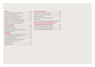 Overview	01
Overview: Contemporary Australia Post	 02
Overview: Our Brand Promise	 03
Overview: We Love Delivering Elements	 04
Overview: Communications Matrix	 05
Overview: Tier 1 and 2 campaign principles	 06
Overview: Tier 3 and 4 campaign principles	 07
Overview: Consumer, Small Business and
Community campaigns 	 08
Our Brand Promise	 09
Brand Promise: Overview	 10
Brand Promise: Clear space and minimum size	 11
Brand Promise: Don'ts	 12
Typography	13
Our guest typeface: We Love Delivering Typeface	 14
Our supporting typeface: AP Letter	 15
Secondary typeface: Arial	 16
Typography: We Love Delivering Typeface in
campaign headlines - tier 2 and 3	 17
Typography: Tier 4	 18
Typography: Don'ts	 19
Grids and Modular Boxes	 20
Grid system: General formats overview	 21
Grid system: Large formats overview	 22
Modular boxes: Colour	 23
Modular boxes: Size of the Brand Promise
(tier 2, 3 and 4)	 24
Modular box grid: Headline messaging (tier 2. 3 and 4)	 25
Our tier 2 and 4 Consumer, Small Business and
Community campaign communications	 26
Teir 2: We Love Delvering communications	 27
Tier 3: We Love Delivering communications	 28
Tier 4: We Love Delivering communications	 29
 