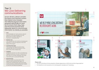 27
Wehelpmakelongdistance
relationshipswork
3 squares
Tier 2:
We Love Delivering
communications
Across all tiers, please consider
the layout and required content
that needs to be included.
The following layouts have been
designed specifically for each
tier to ensure that copy, logo
and the brand promise have
adequate space to communicate
information as clearly as possible.
1	 Grid
Grid templates for most common sizes of
layouts can be downloaded from the
Brand Hub as either InDesign or
Illustrator compatible files.
2	 Modular box
The modular box will contain all subsequent
elements. It's set one square in from the
edge of the layout.
3	 Australia Post logo
The Australia Post logo should be three
squares high and sit one square in from
the corner of the modular box.
4	 Headline
Headlines are set in our We Love Delivering
Typeface and can run over a maximum of
four lines. For further emphasis, the most
important part is coloured Post Red.
5	 Brand Promise
The Hero Heart should be 50% of the
height of the Australia Post logo. For
Consumer, Small Business and Community
communications, the Brand Promise is based
on the We Love Delivering Typeface.
Please note:
•	 The size of the Brand Promise headline is flexible depending on the format and the image selection
•	 The headline can be reversed out of a photographic background if necessary
1
4
5
3
2
Ask us today or visit us at auspost.com.au/surprise
you’llloveonline
shoppingatchristmas
Timetotakeyouridea
totheworld?
Ask in-store today or visit auspost.com.au
1 1 1
4 4 4
5 5 5
3 3 32 2 2
youloveyourmum,
welovedelivering
Our Mother’s Day online shopping gift guide is filled with top gift picks and special
online oﬀers to ensure Sunday 8 May is the best Mother‘s Day for you and your mum.
To access the special oﬀer codes visit auspost.com.au/mum
 