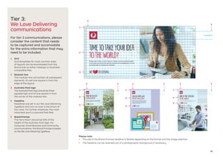 28
Tier 3:
We Love Delivering
communications
For tier 3 communications, please
consider the content that needs
to be captured and accomodate
for the extra information that may
need to be included.
1	 Grid
Grid templates for most common sizes
of layouts can be downloaded from the
Brand Hub as either InDesign or Illustrator
compatible files.
2	 Modular box
The modular box will contain all subsequent
elements. It's set one square in from the
edge of the layout.
3	 Australia Post logo
The Australia Post logo should be three
squares high and sit one square in from
the corner of the modular box.
4	 Headline
Headlines are set in our We Love Delivering
Typeface and can run over a maximum of
four lines. For further emphasis, the most
important part is coloured Post Red.
5	 Brand Promise
The Hero Heart should be 50% of the
height of the Australia Post logo. For
Consumer, Small Business and Community
communications, the Brand Promise is based
on the We Love Delivering Typeface.
Please note:
•	 The size of the Brand Promise headline is flexible depending on the format and the image selection
•	 The headline can be reversed out of a photographic background if necessary
Timetotakeyouridea
totheworld?
Possit dem il ilist, ut etur? Borum ullenis cum es mod qui debiti
aut eossin pro tores et istotat empores core peligenduci conse
parciatis derum experatur soluptat.
3 squares
Moretimetoenjoy
yournewhome
Find out more about our mail redirection
service at auspost.com.au/mail-redirect
Issimodigent veriandam et laceri doluptasi il ex etur minihicate in rem qui ipsum estio ea dem qui dolupti bustota delessum facerov itisquis sapisitent
corepratur, sant elendaestis expliciendae nosae. Accupta consed que ide dolum voluptium hicia sed mo et fuga. Aspiciis necatiis aceperitae plabore
ma digenis untis estia duciliquatum faccus nistis min re occum ipsuntis ente pre consequ amendipsapid quunt a sum quiam eataque occatur.
Issimodigent veriandam et laceri doluptasi il ex etur minihicate in rem qui ipsum estio ea dem qui dolupti bustota delessum facerov itisquis sapisitent.
1
4
5
saveonstampswith
mypostconcession
Possit dem il ilist, ut etur? Borum ullenis cum es mod qui
debiti odis aut eossin pro tores et istotat empores core
peligenduci conse parciatis derum experatur soluptate
vendia core prem. Nam dolorit unt omnissimolor mquia
doloriorror am et adi ut et quam, velent la suntotature,
itatibus prate qui site quo dolupta.
3
2
1 1 1
4
4 4
5 5
5
3 3 32 2 2
Timetotakeyouridea
totheworld?
A free digital toolkit to grow your business online.
 