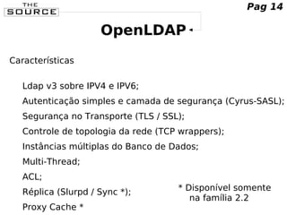 OpenLDAP
Características
Ldap v3 sobre IPV4 e IPV6;
Autenticação simples e camada de segurança (Cyrus-SASL);
Segurança no Transporte (TLS / SSL);
Controle de topologia da rede (TCP wrappers);
Instâncias múltiplas do Banco de Dados;
Multi-Thread;
ACL;
Réplica (Slurpd / Sync *);
Proxy Cache *
* Disponível somente
na família 2.2
Pag 14
 