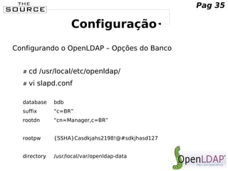 Configuração
Configurando o OpenLDAP – Opções do Banco
# cd /usr/local/etc/openldap/
# vi slapd.conf
database bdb
suffix “c=BR”
rootdn “cn=Manager,c=BR”
rootpw {SSHA}Casdkjahs2198!@#sdkjhasd127
directory /usr/local/var/openldap-data
Pag 35
 