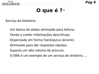 O que é ?
Serviço de Diretório:
Um banco de dados otimizado para leitura;
Tende a conter informações descritivas;
Organizado em forma hierárquica (árvore);
Otimizado para dar respostas rápidas;
Suporta um alto volume de procura;
O DNS é um exemplo de um serviço de diretório; ...
Pag 9
 