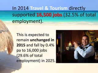 In 2014 Travel & Tourism directly
supported 16,500 jobs (32.5% of total
employment).
This is expected to
remain unchanged in
2015 and fall by 0.4%
pa to 16,000 jobs
(29.6% of total
employment) in 2025.
 
