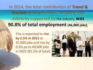 In 2014, the total contribution of Travel &
Tourism to employment, including jobs
indirectly supported by the industry, was
90.8% of total employment (46,000 jobs).
This is expected to rise
by 2.5% in 2015 to
47,000 jobs and rise by
0.5% pa to 49,000 jobs
in 2025 (91.2% of total).
 