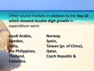 Other source markets in addition to the Top 10
which showed double-digit growth in
expenditure were:
Saudi Arabia, Norway,
Sweden, Spain,
India, Taiwan (pr. of China),
the Philippines, Qatar,
Thailand, Czech Republic &
Colombia.
 