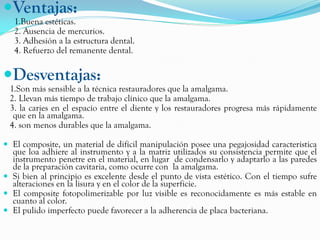 Ventajas:
   1.Buena estéticas.
   2. Ausencia de mercurios.
   3. Adhesión a la estructura dental.
   4. Refuerzo del remanente dental.


Desventajas:
 1.Son más sensible a la técnica restauradores que la amalgama.
 2. Llevan más tiempo de trabajo clínico que la amalgama.
 3. la caries en el espacio entre el diente y los restauradores progresa más rápidamente
  que en la amalgama.
 4. son menos durables que la amalgama.

 El composite, un material de difícil manipulación posee una pegajosidad característica
  que loa adhiere al instrumento y a la matriz utilizados su consistencia permite que el
  instrumento penetre en el material, en lugar de condensarlo y adaptarlo a las paredes
  de la preparación cavitaria, como ocurre con la amalgama.
 Si bien al principio es excelente desde el punto de vista estético. Con el tiempo sufre
  alteraciones en la lisura y en el color de la superficie.
 El composite fotopolimerizable por luz visible es reconocidamente es más estable en
  cuanto al color.
 El pulido imperfecto puede favorecer a la adherencia de placa bacteriana.
 
