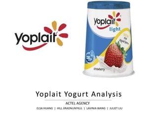 Yoplait Yogurt Analysis
ACTEL AGENCY
ELSA HUANG | HILL JIRADNUNYKUL | LAVINIA WANG | JULIET LIU
 
