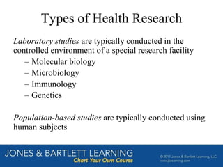 Types of Health Research
Laboratory studies are typically conducted in the
controlled environment of a special research facility
– Molecular biology
– Microbiology
– Immunology
– Genetics
Population-based studies are typically conducted using
human subjects
 