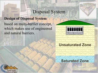 Atomic Energy
Authority of Egypt
Unsaturated Zone
Saturated Zone
Disposal System
Atomic Energy
Authority of Egypt
Design of Disposal SystemDesign of Disposal System
based on multi-barrier concept,based on multi-barrier concept,
which makes use of engineeredwhich makes use of engineered
and natural barriersand natural barriers.
 