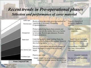 Atomic Energy
Authority of Egypt
Recent trends in Pre-operational phases
Selection and performance of cover material
Resist erosion, provide a growing medium for
vegetation, if necessary, Promoting
Evapotranspiration
Topsoil;, Gravel-soil
mixtures;; Asphaltic
concrete.
Protect underlying layers from erosion and
exposure to wet-dry cycles, Serve as a barrier
to intrusion. Restrict gas emission, Promote
Evapotranspiration
Cobbles, Asphaltic
concrete,
Limit the hydraulic head buildup Drain the
overlying layers, Reduce the seepage forces in
the overlying layers,
Sand, Gravel, Geotextile
Geonet,and Geocomposite
Minimize percolation and promote storage or
lateral drainage of water in the overlying
layers
Geomembran, Compacted
clay liner, Geosynthetic
clay liner
Passive gas vents, Granular materials
Grade control for cover system construction,
Adequate bearing capacity for overlying
layers,
On-site or locally available
soils.
 