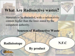 Atomic Energy
Authority of Egypt
What Are Radioactive wastes?
Materials to be discarded, with a radioactivity
content higher than the limit stated by the
competent authority.
Sources of Radioactive Waste
Radioisotope N.F.C
By product
 