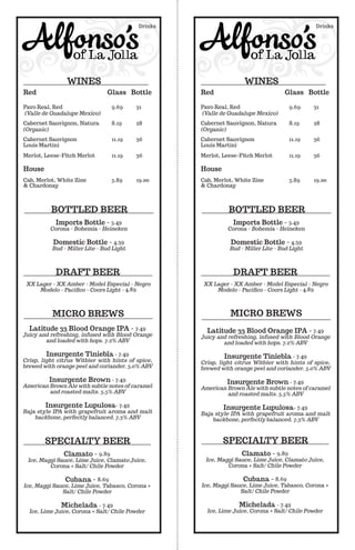 Clamato - 9.89
Ice, Maggi Sauce, Lime Juice, Clamato Juice,
Corona + Salt/ Chile Powder
Cubana - 8.69
Ice, Maggi Sauce, Lime Juice, Tabasco, Corona +
Salt/ Chile Powder
Michelada - 7.49
Ice, Lime Juice, Corona + Salt/ Chile Powder
SPECIALTY BEER
Clamato - 9.89
Ice, Maggi Sauce, Lime Juice, Clamato Juice,
Corona + Salt/ Chile Powder
Cubana - 8.69
Ice, Maggi Sauce, Lime Juice, Tabasco, Corona +
Salt/ Chile Powder
Michelada - 7.49
Ice, Lime Juice, Corona + Salt/ Chile Powder
SPECIALTY BEER
Latitude 33 Blood Orange IPA - 7.49
Juicy and refreshing, infused with Blood Orange
and loaded with hops. 7.2% ABV
Insurgente Tiniebla - 7.49
Crisp, light citrus Witbier with hints of spice,
brewed with orange peel and coriander. 5.0% ABV
Insurgente Brown - 7.49
American Brown Ale with subtle notes of caramel
and roasted malts. 5.5% ABV
Insurgente Lupulosa- 7.49
Baja style IPA with grapefruit aroma and malt
backbone, perfectly balanced. 7.3% ABV
MICRO BREWS
Latitude 33 Blood Orange IPA - 7.49
Juicy and refreshing, infused with Blood Orange
and loaded with hops. 7.2% ABV
Insurgente Tiniebla - 7.49
Crisp, light citrus Witbier with hints of spice,
brewed with orange peel and coriander. 5.0% ABV
Insurgente Brown - 7.49
American Brown Ale with subtle notes of caramel
and roasted malts. 5.5% ABV
Insurgente Lupulosa- 7.49
Baja style IPA with grapefruit aroma and malt
backbone, perfectly balanced. 7.3% ABV
MICRO BREWS
XX Lager - XX Amber - Model Especial - Negro
Modelo - Pacifico - Coors Light - 4.89
DRAFT BEER
XX Lager - XX Amber - Model Especial - Negro
Modelo - Pacifico - Coors Light - 4.89
DRAFT BEER
Imports Bottle - 5.49
Corona - Bohemia - Heineken
Domestic Bottle - 4.39
Bud - Miller Lite - Bud Light
BOTTLED BEER
Imports Bottle - 5.49
Corona - Bohemia - Heineken
Domestic Bottle - 4.39
Bud - Miller Lite - Bud Light
BOTTLED BEER
WINES
Red					 Glass Bottle
Pavo Real, Red	 9.69	 31
(Valle de Guadalupe Mexico)
	
Cabernet Sauvignon, Natura	 8.19	 28
(Organic)
	
Cabernet Sauvignon	 11.19	 36
Louis Martini
	
Merlot, Leese-Fitch Merlot	 11.19	 36
House						
Cab, Merlot, White Zine 	 5.89	 19.00
& Chardonay
WINES
Red					 Glass Bottle
Pavo Real, Red	 9.69	 31
(Valle de Guadalupe Mexico)
	
Cabernet Sauvignon, Natura	 8.19	 28
(Organic)
	
Cabernet Sauvignon	 11.19	 36
Louis Martini
	
Merlot, Leese-Fitch Merlot	 11.19	 36
House						
Cab, Merlot, White Zine 	 5.89	 19.00
& Chardonay
Drinks Drinks
 